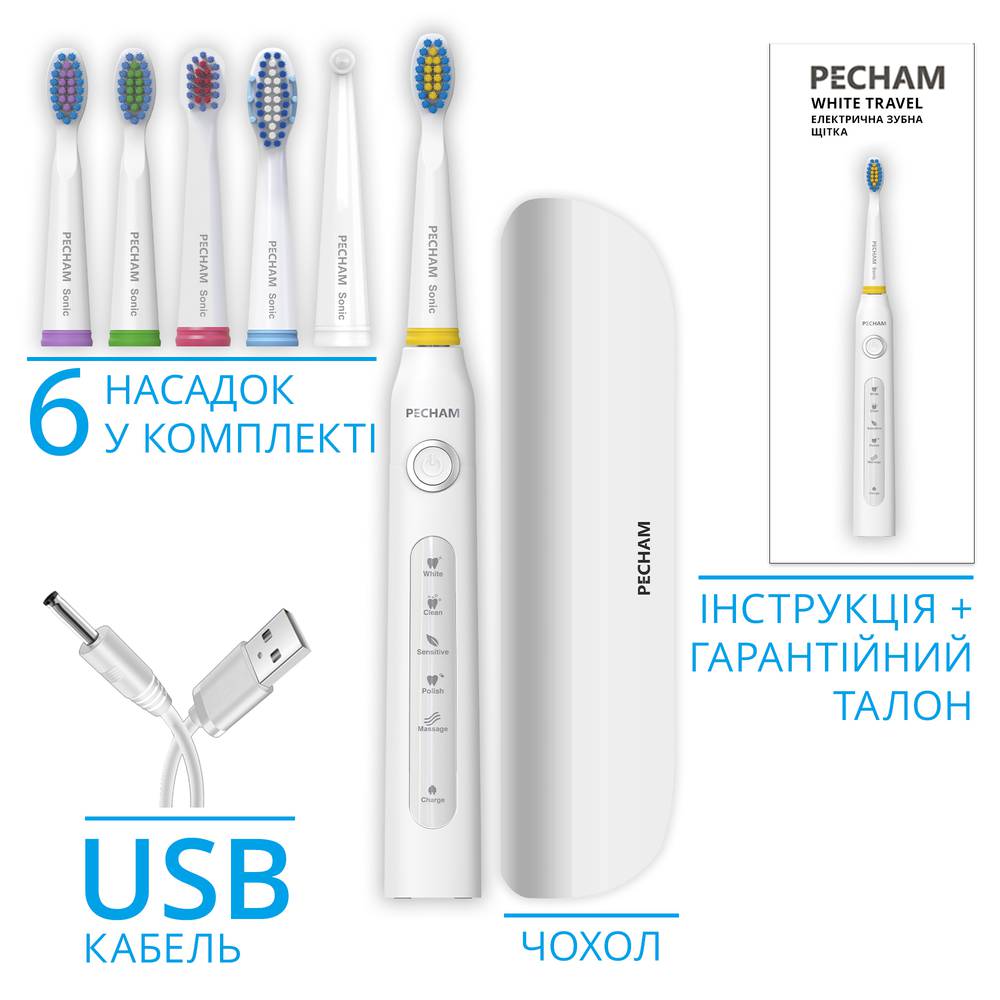 Звукова електрична зубна щітка PECHAM White Travel PC-081 + річний запас насадок-Фото 6