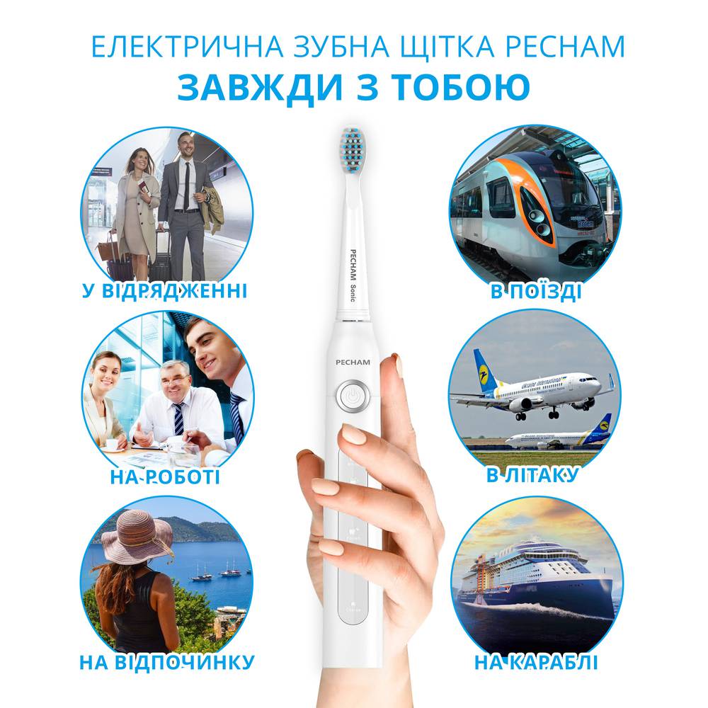 Звукова електрична зубна щітка PECHAM White Travel PC-081 + річний запас насадок-Фото 9