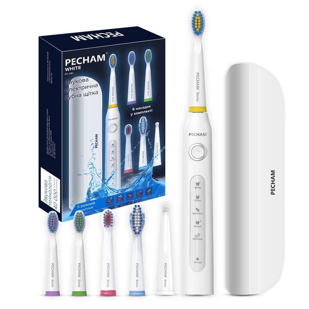 Звукова електрична зубна щітка PECHAM White Travel PC-081 + річний запас насадок-Фото 1
