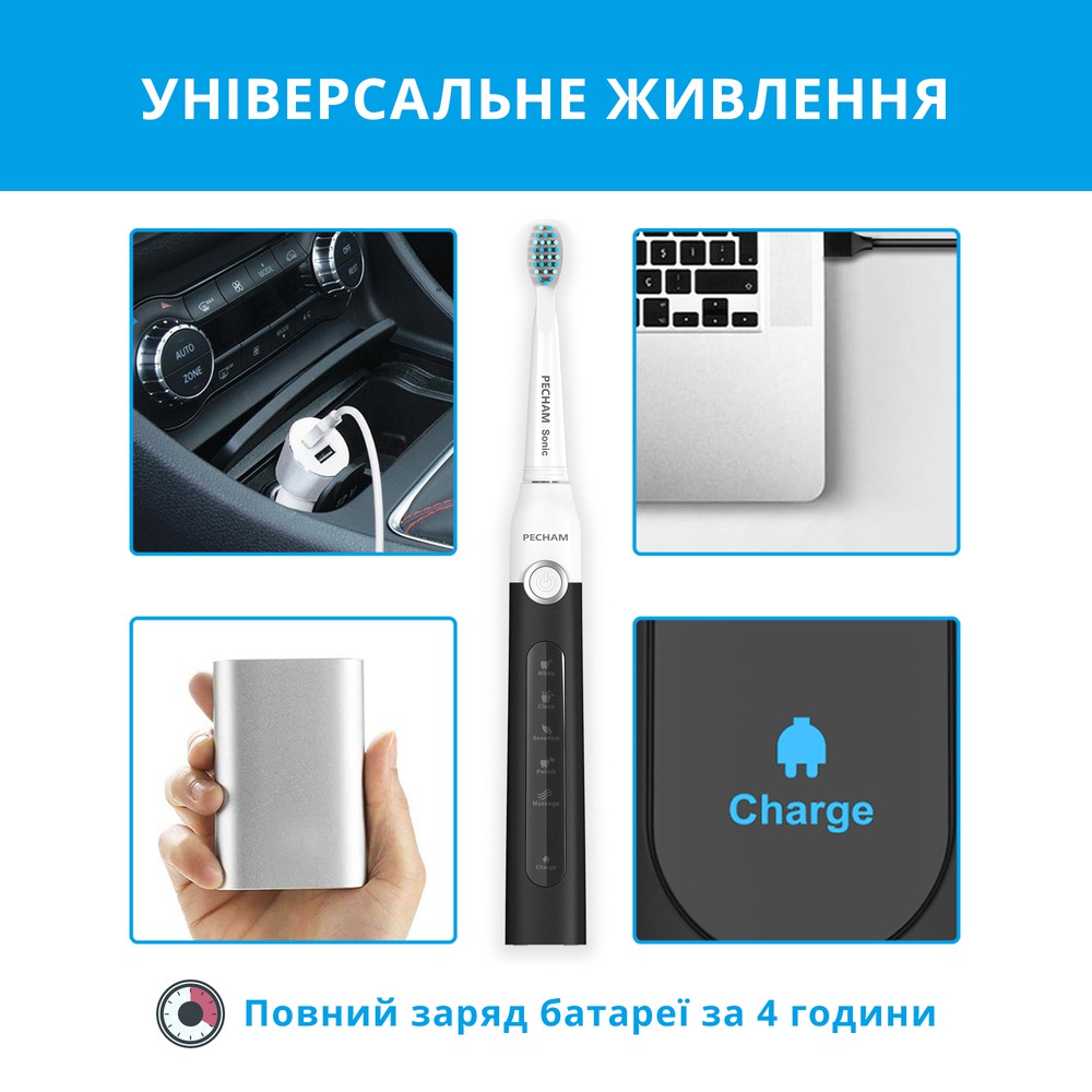 Звуковая электрическая зубная щетка PECHAM Black-White Travel-Фото 10