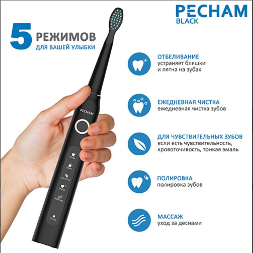 Звукова електрична зубна щітка PECHAM Black Travel PC-080 + річний запас насадок-Фото 13