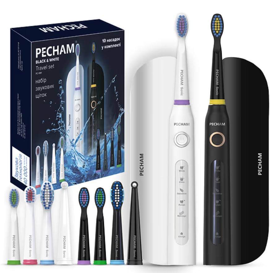 Набір звукових зубних щіток PECHAM Black and White Travel Set PC-084 + річний запас насадок-Фото 10
