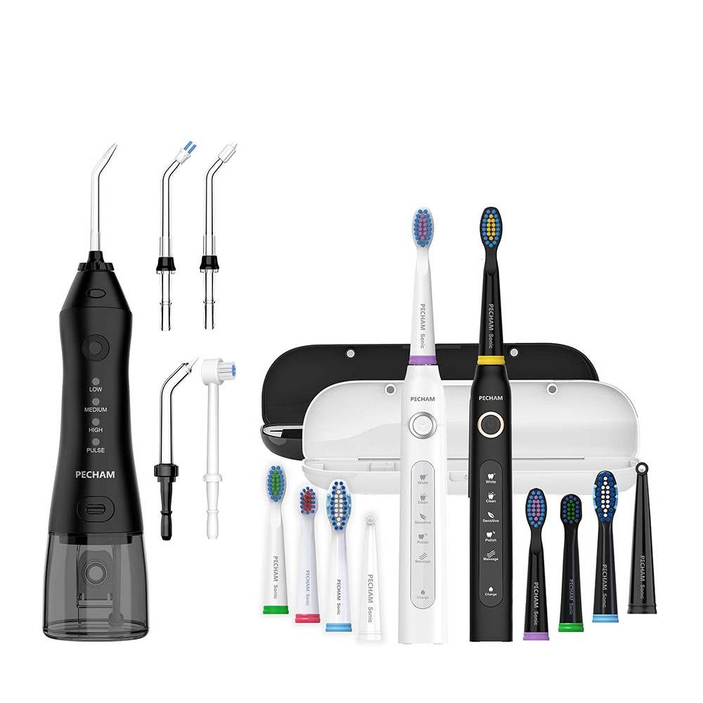 Комплект Іригатор Pecham travel black PC-1581 + Набір звукових зубних щіток PECHAM Black and White Travel Set PC-084-Главное фото
